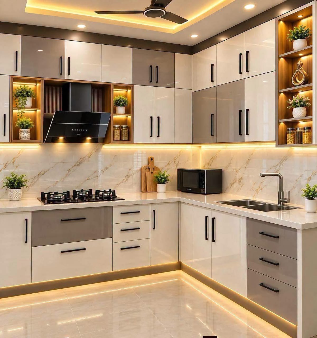 Parallel German-Hardware Kitchen with Under-Cabinet Warm LED Sensor Strip Lights #59